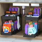 Under Sink Organizer, 2 Tier Sliding Cabinet Storage Basket with Hooks, Purpose Bathroom & Kitchen Organizer Shelf for Bathroom