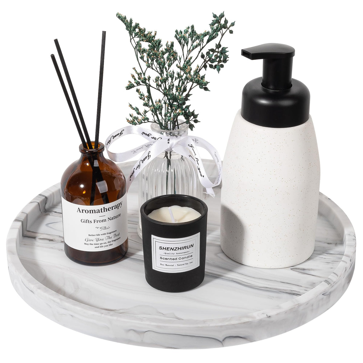 Silicone Bathroom Tray Round Vanity Tray Decorative Soap Holder Kitchen Countertop Organizer Coffee Table Decor for Candle Perfume Plant 11 Inch Marble Grey