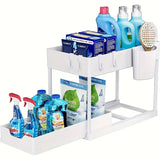 Under Sink Organizer, 2 Tier Sliding Cabinet Storage Basket with Hooks, Purpose Bathroom & Kitchen Organizer Shelf for Bathroom